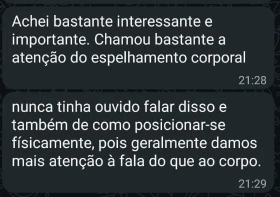 Mensagem de WhatsApp de aluno sobre espelhamento corporal