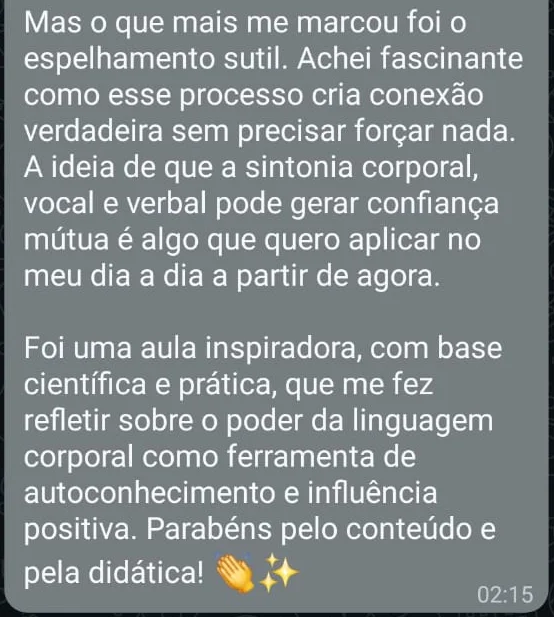 Mensagem de WhatsApp sobre a masterclass