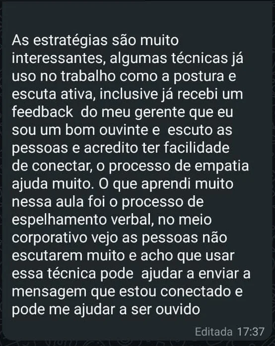 Mensagem de WhatsApp de aluno sobre espelhamento verbal